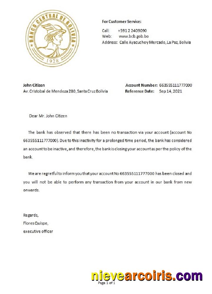 Bolivia Banco Central de Bolivia closure reference